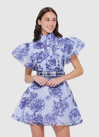Anais Bishop Sleeve Mini Dress - Harmony Print in Hyacinth