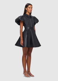 Lena Leather Bishop Sleeve Mini Dress - Ebony