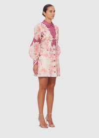 Luminous Silk Linen Mini Dress - Orient Print in Hibiscus
