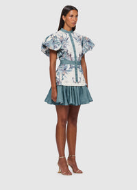 Sonia Bishop Sleeve Mini Dress - Orient Print in Mist